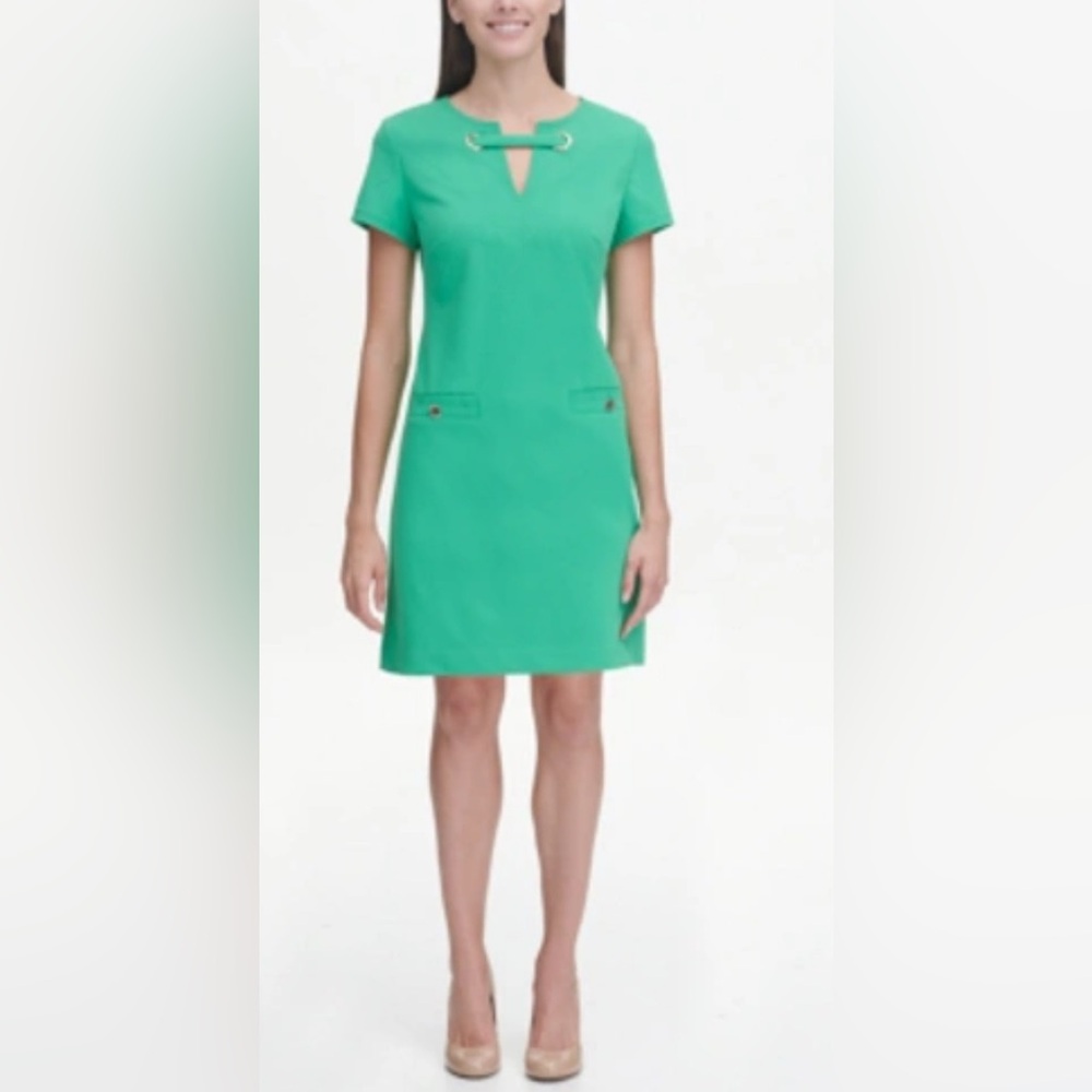 Tommy Hilfiger Scuba Creep Kelly Green Grommet Sheath Dress Short sleeve Size 18